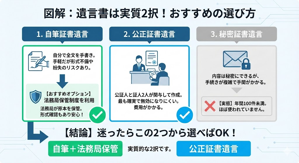 【結論】遺言書の種類は3つ｜迷ったら「自筆＋法務局保管」か「公正証書」