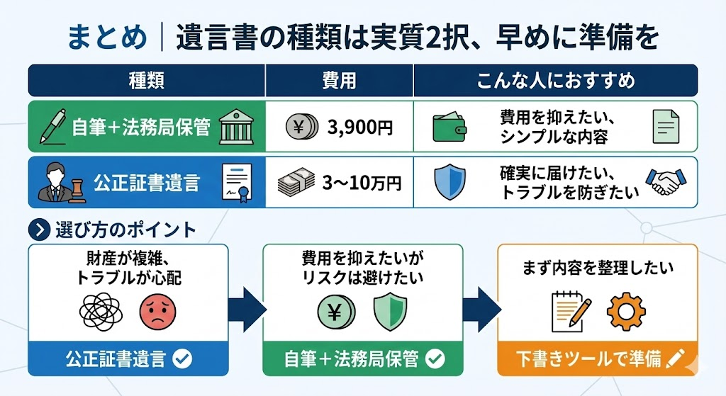 まとめ｜遺言書の種類は実質2択、早めに準備を