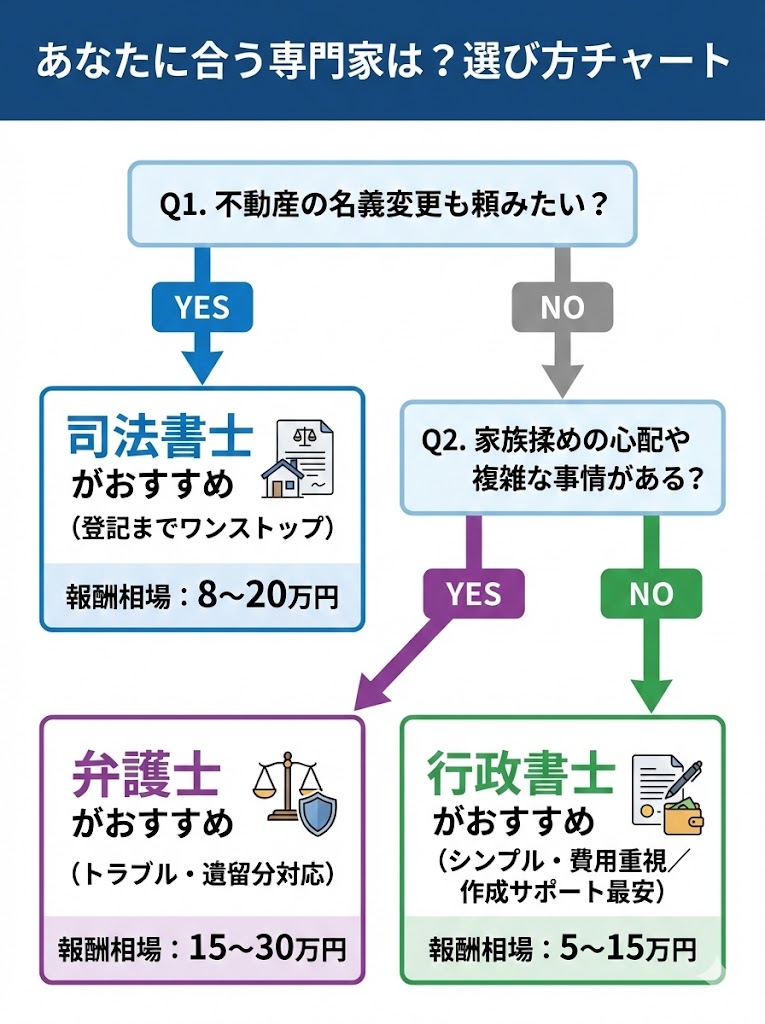 公正証書遺言の依頼先選び方チャート。不動産があるなら司法書士、揉めるリスクがあるなら弁護士、費用を抑えるなら行政書士がおすすめ。