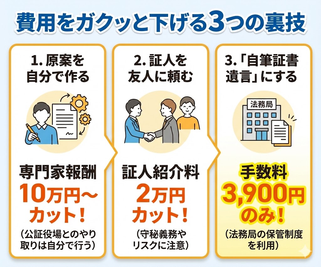 公正証書遺言の費用を抑える方法。原案自作、証人の自己手配、法務局の保管制度(自筆証書遺言)の活用で大幅に節約可能。