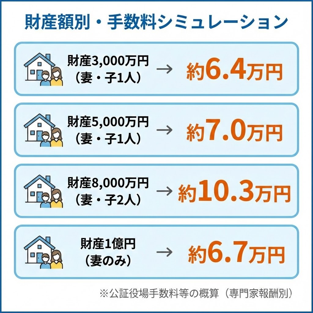 公正証書遺言の公証役場手数料シミュレーション。財産3000万円なら約6.4万円、5000万円なら約7万円が目安。